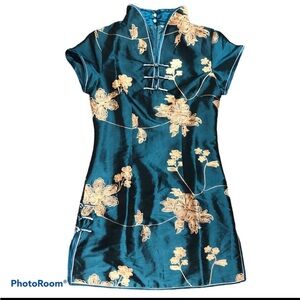 Beautiful blue Qipao dress with gold flower detailing